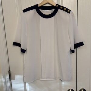 Vintage 1980s David Brooks Short Sleeve Blouse Women's Size 8 White Navy Blue